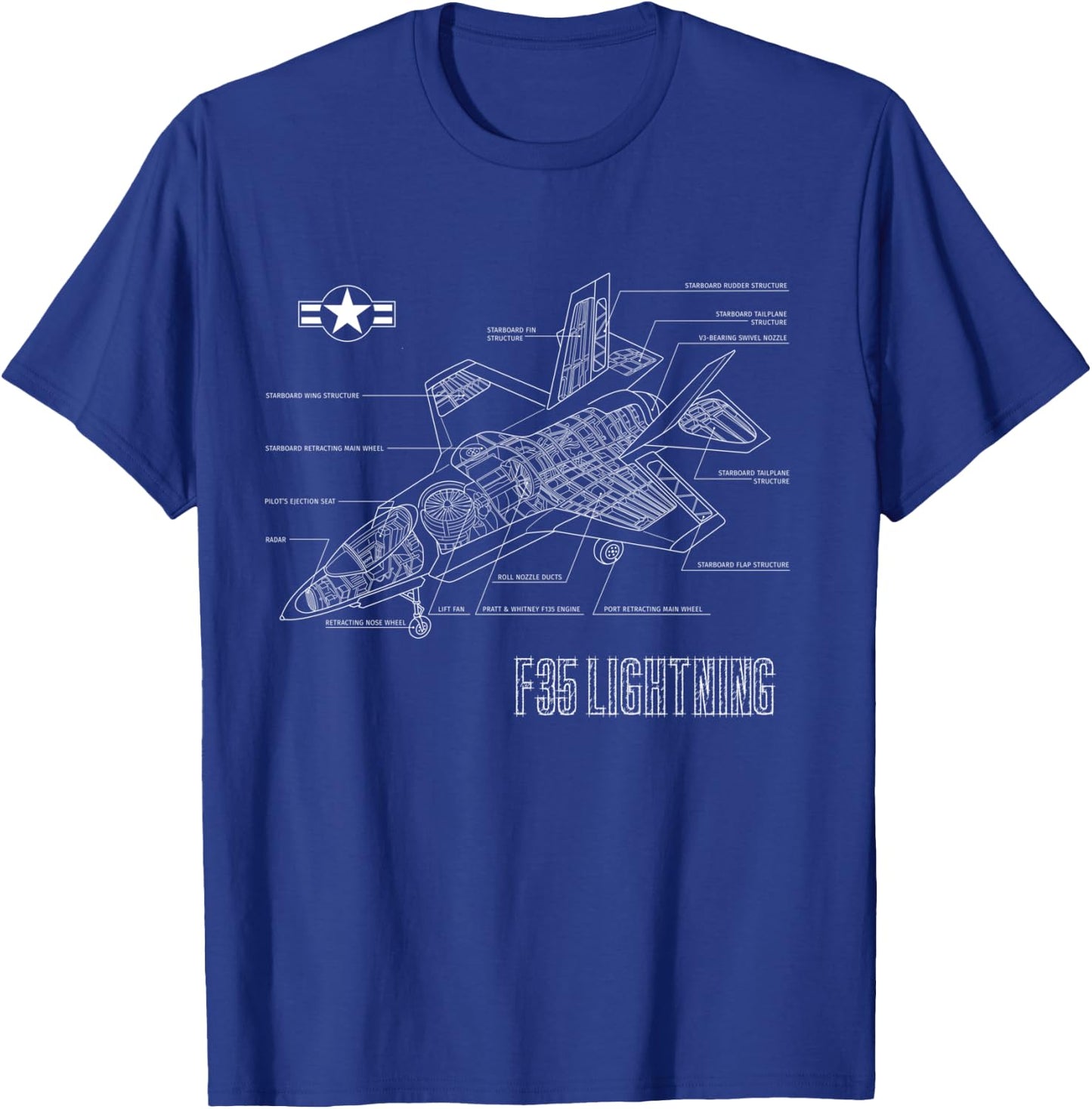 American Aircraft Stealth Fighter F35 lightning blueprint T-Shirt - T-Shirt | Royal