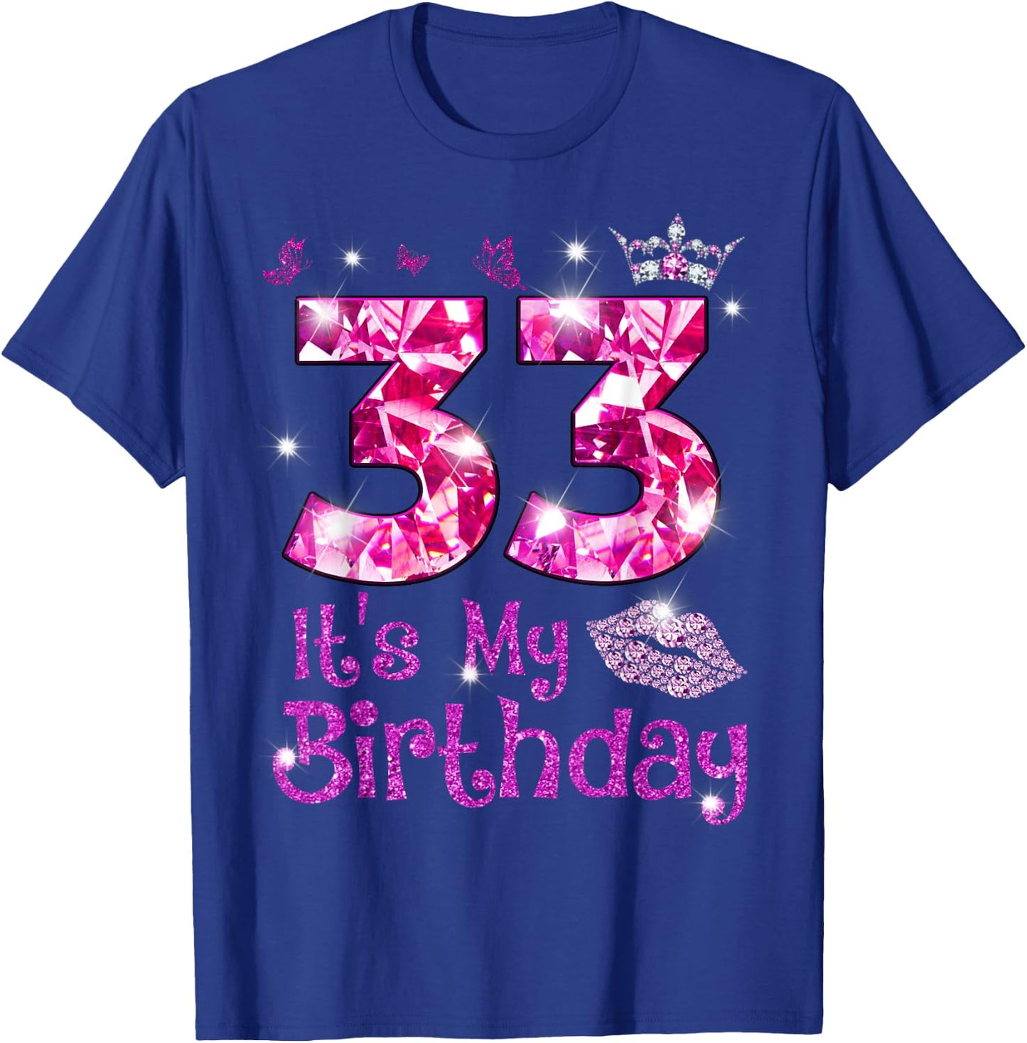 Vintage Happy 33 It's My Birthday Crown Lips 33rd Birthday T-Shirt - T-Shirt | Royal