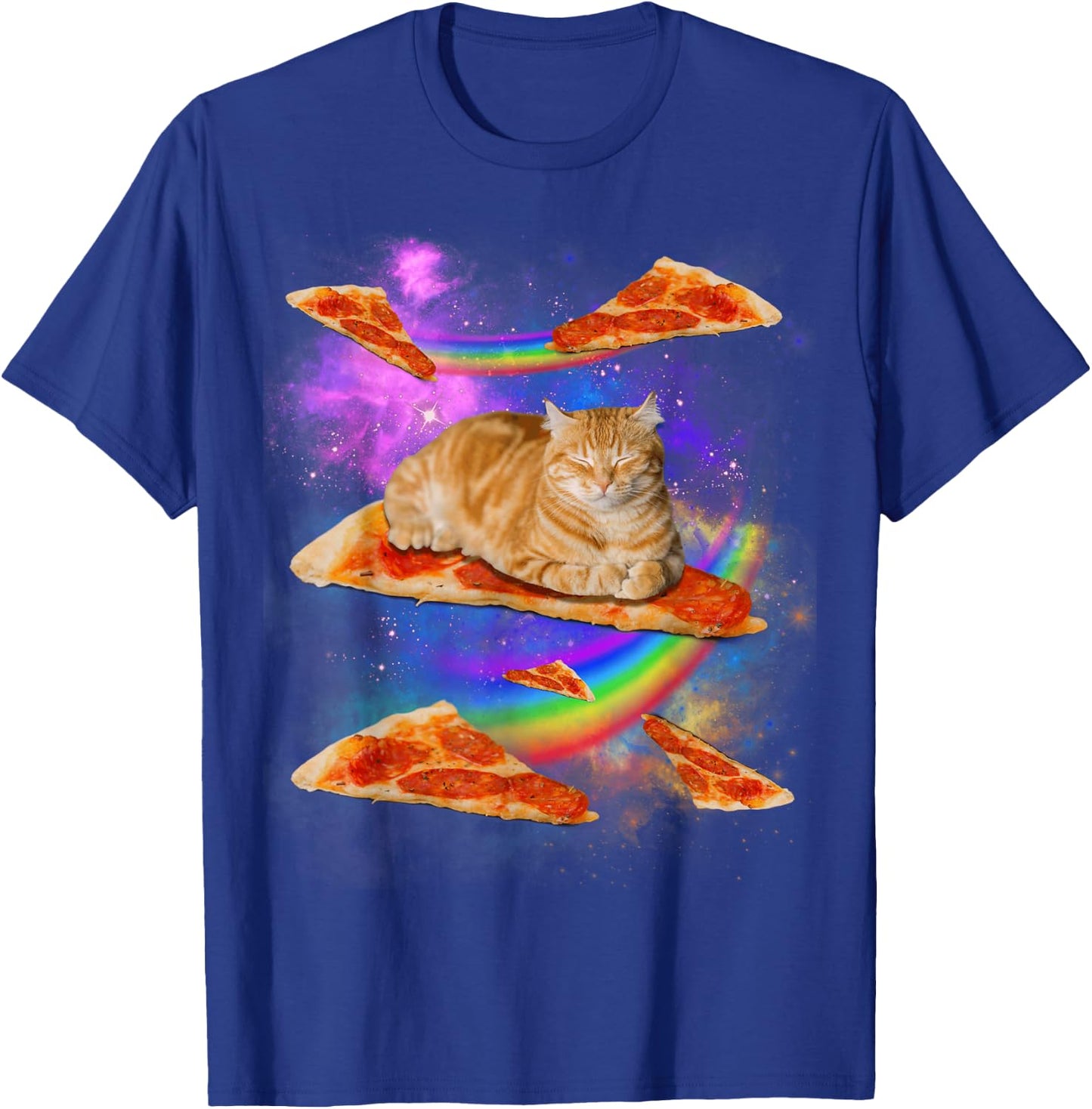 Funny Galaxy Cat in Space, Cat Riding Pizza T-Shirt - T-Shirt | Royal