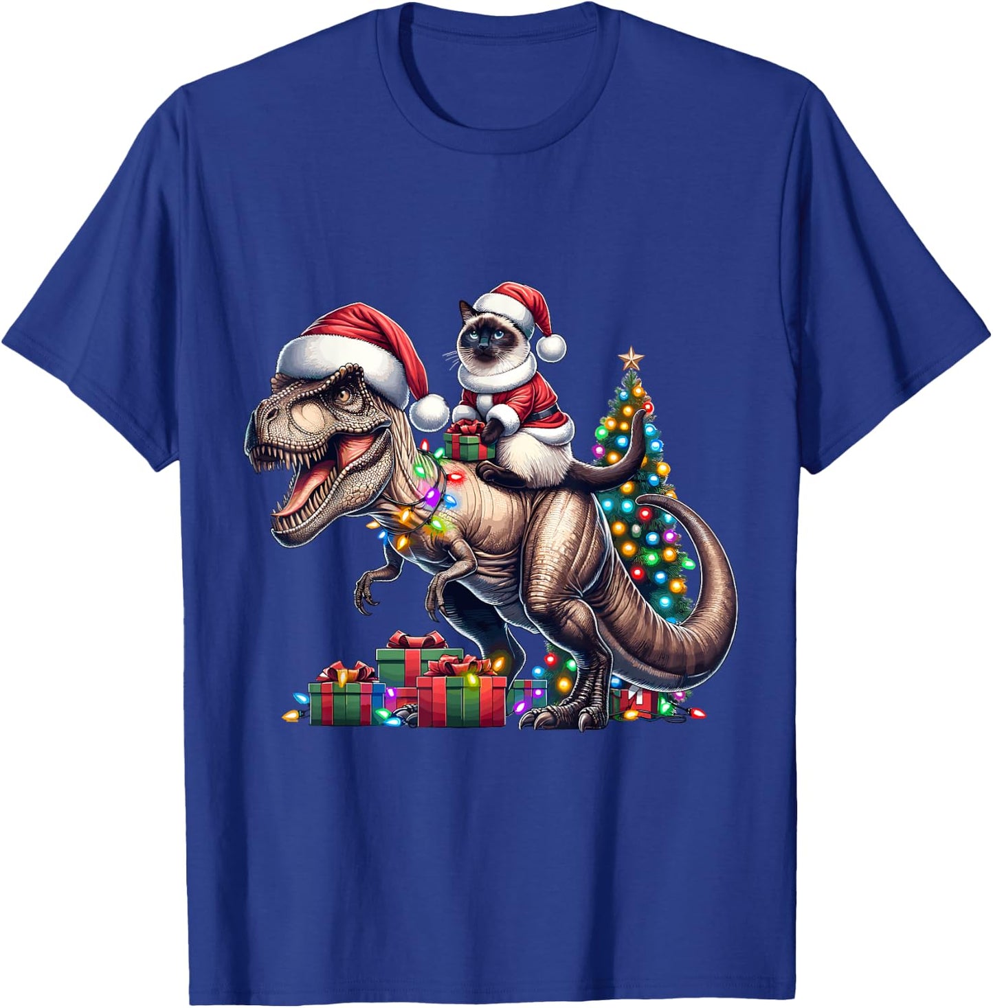 Siamese Cat Rides Festive T-Rex Santa For siamese cat Owners T-Shirt - T-Shirt | Royal