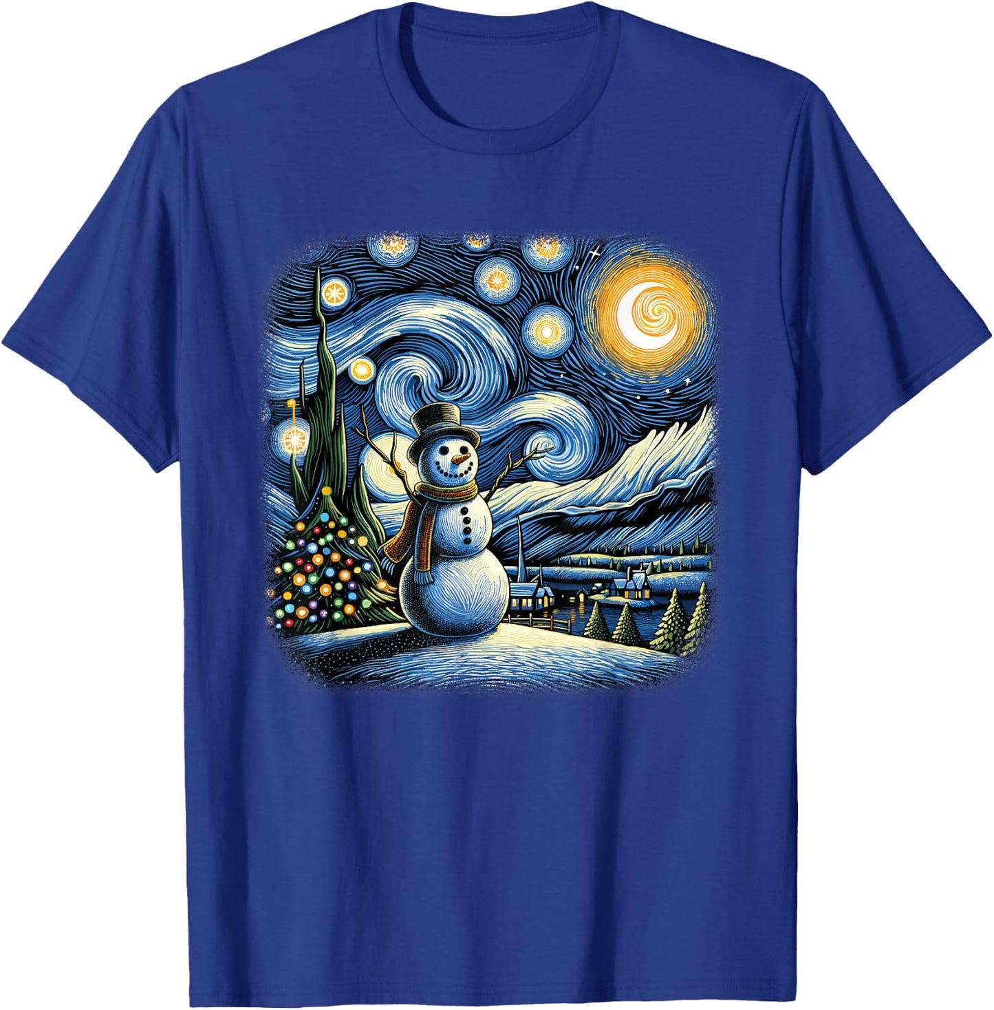 Van Gogh Starry Night Christmas Snowman Winter Snowy Night T-Shirt - T-Shirt | Royal