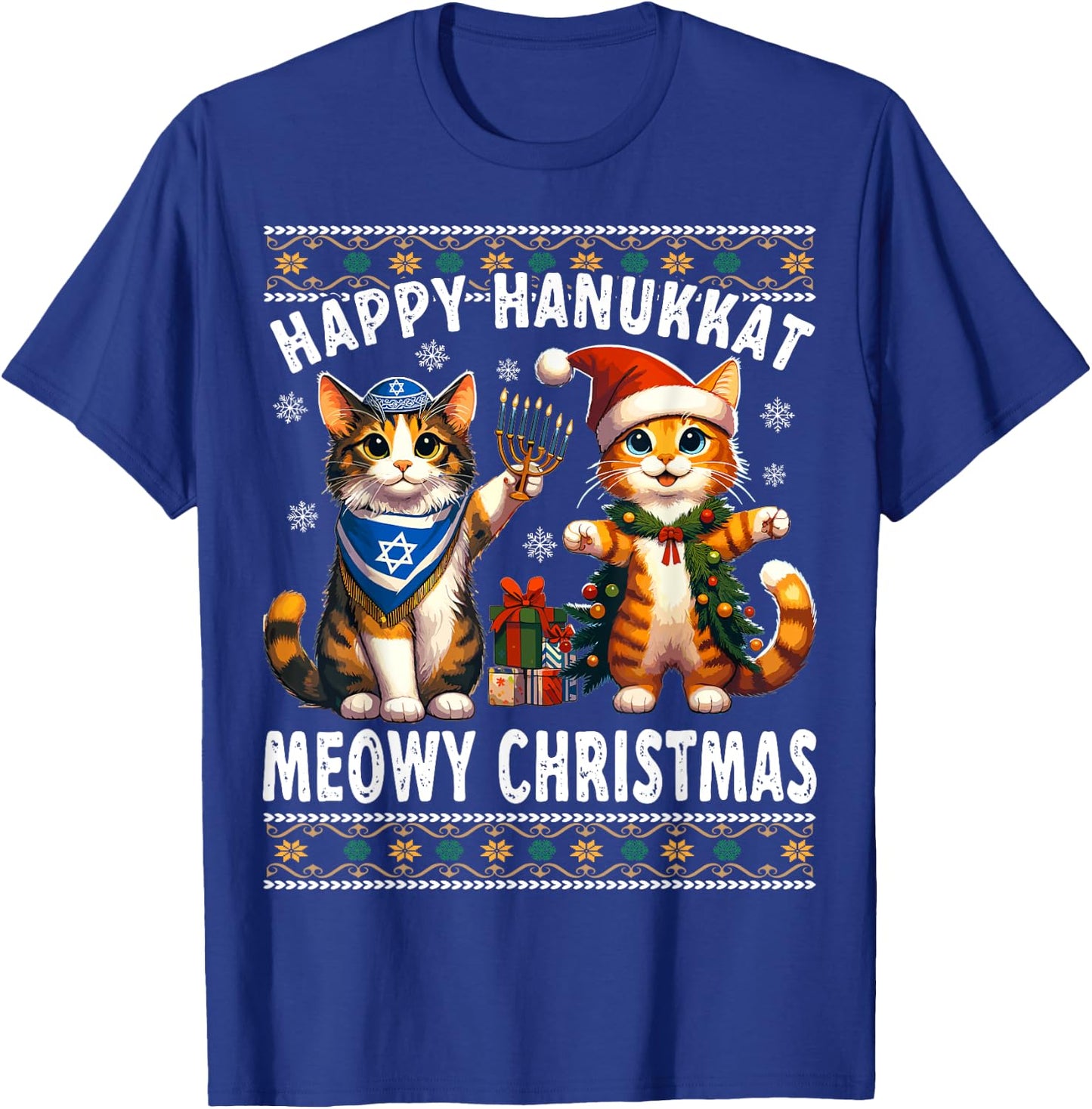 Cat Merry Christmas Happy Hanukkah Jewish Christian T-Shirt - T-Shirt | Royal