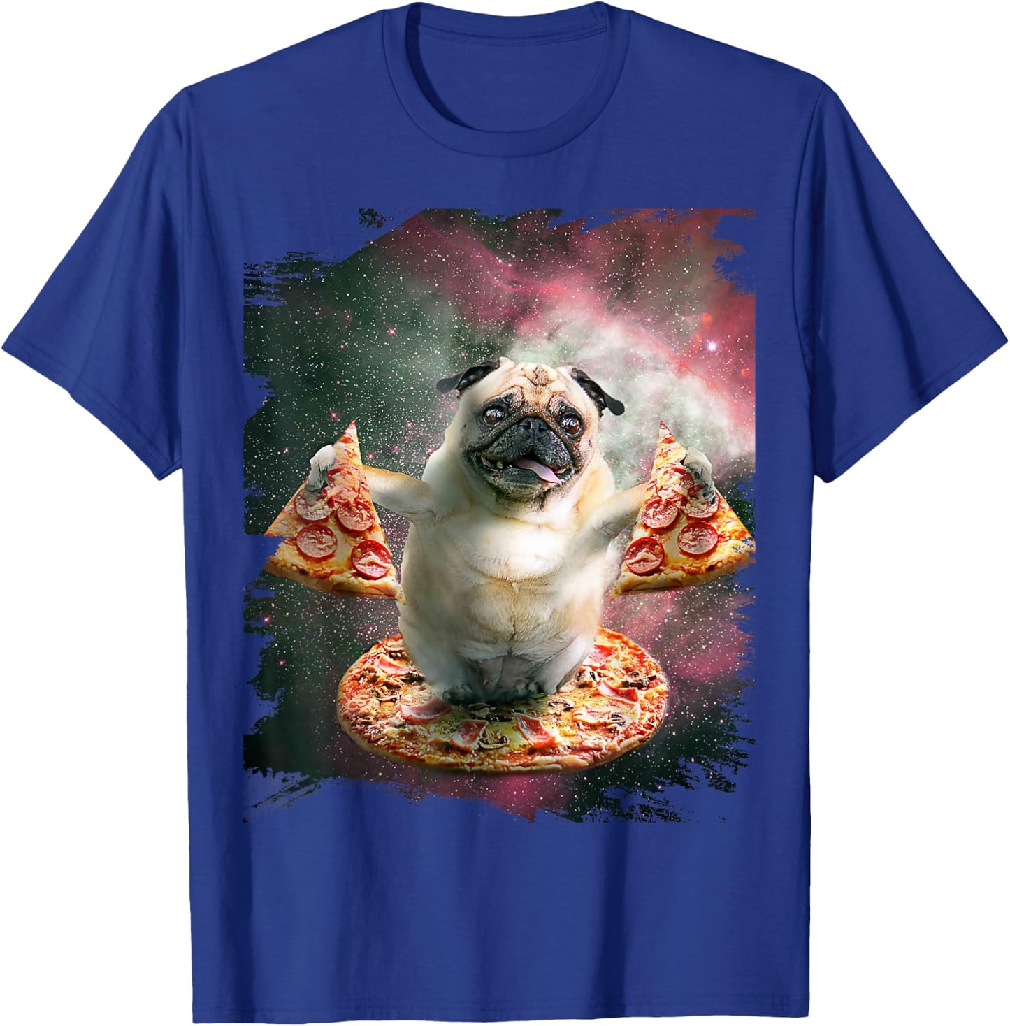 Random Galaxy Funny Pug Dog with Pizza T-Shirt - T-Shirt | Royal