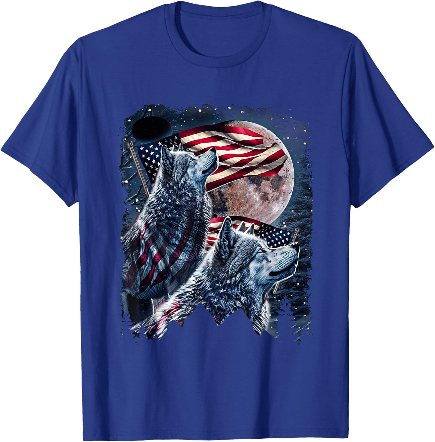 Wolf 4th of July American Flag Howling Wolves Under Moon T-Shirt - T-Shirt | Royal
