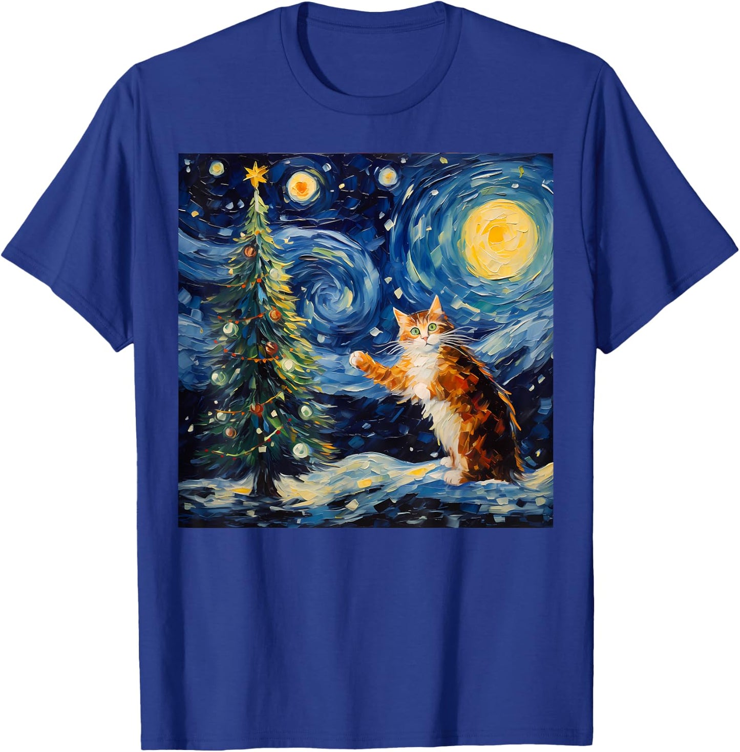 Funny Starry Night Christmas Kitty Kitten Xmas Tree Novelty T-Shirt - T-Shirt | Royal