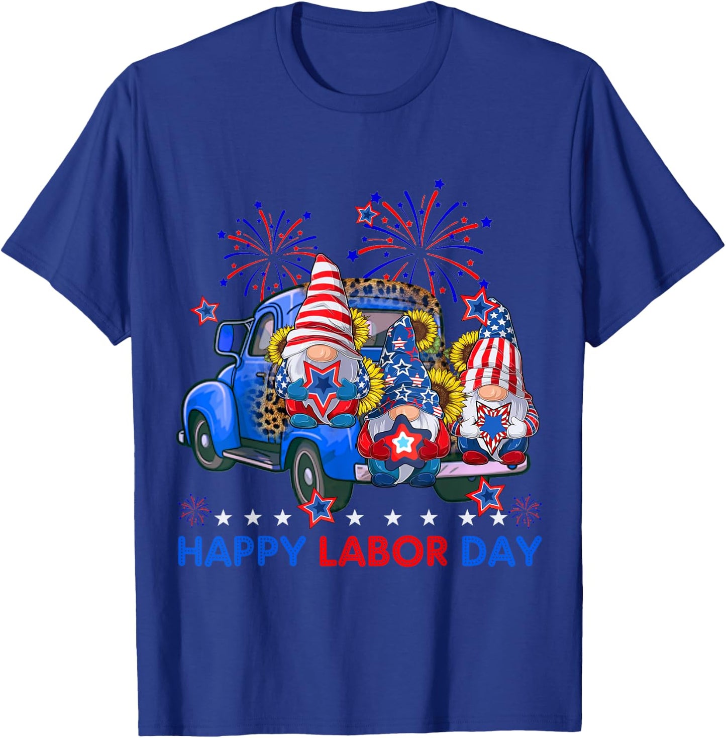 Happy Labor Day Fireworks American Flag And Funny Gnomes T-Shirt - T-Shirt | Royal