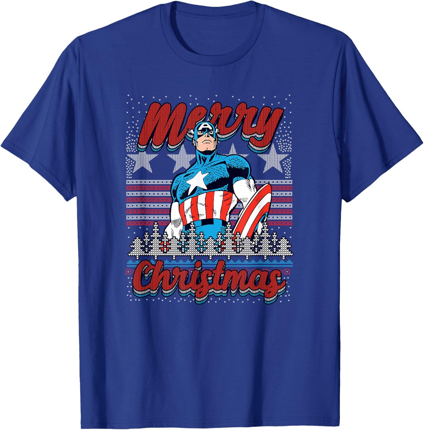 Marvel Christmas Captain America Ugly Sweater Pattern T-Shirt - T-Shirt | Royal