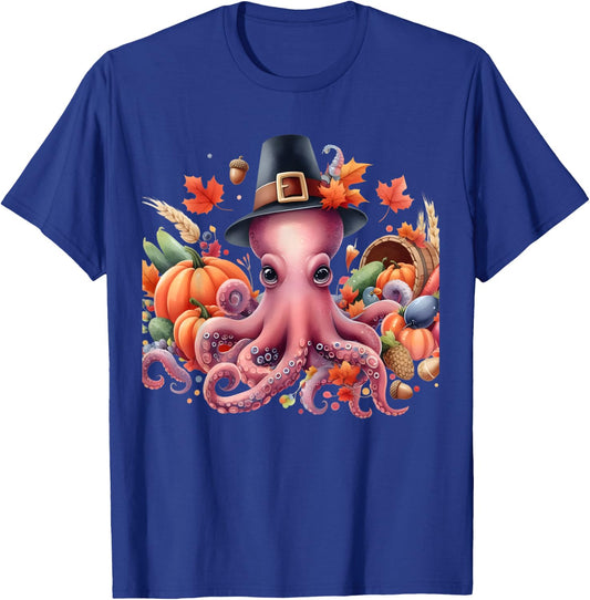 Fun and whimsical Thanksgiving Octo-Pilgrim - Octopus T-Shirt - T-Shirt | Royal