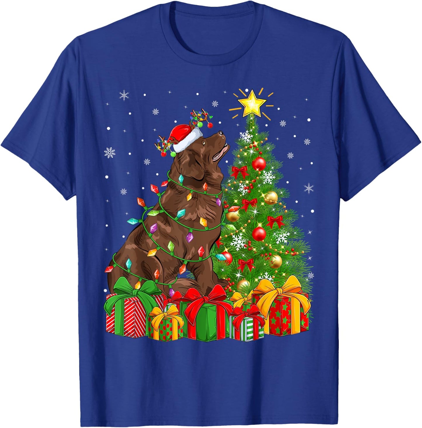 Xmas Tree Lighting Santa Newfoundland Dog Christmas Men Women Kids T-Shirt - T-Shirt | Royal