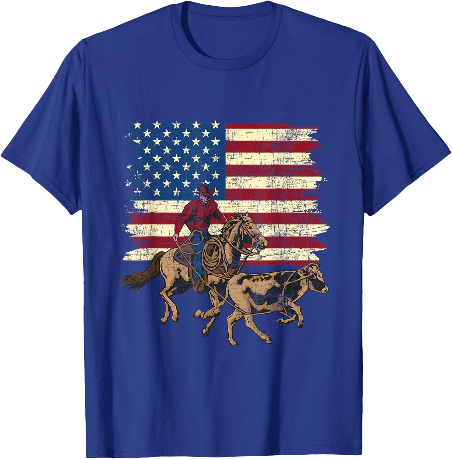 Team Roping - USA Flag Rodeo Equestrian Header Heeler Roper T-Shirt - T-Shirt | Royal