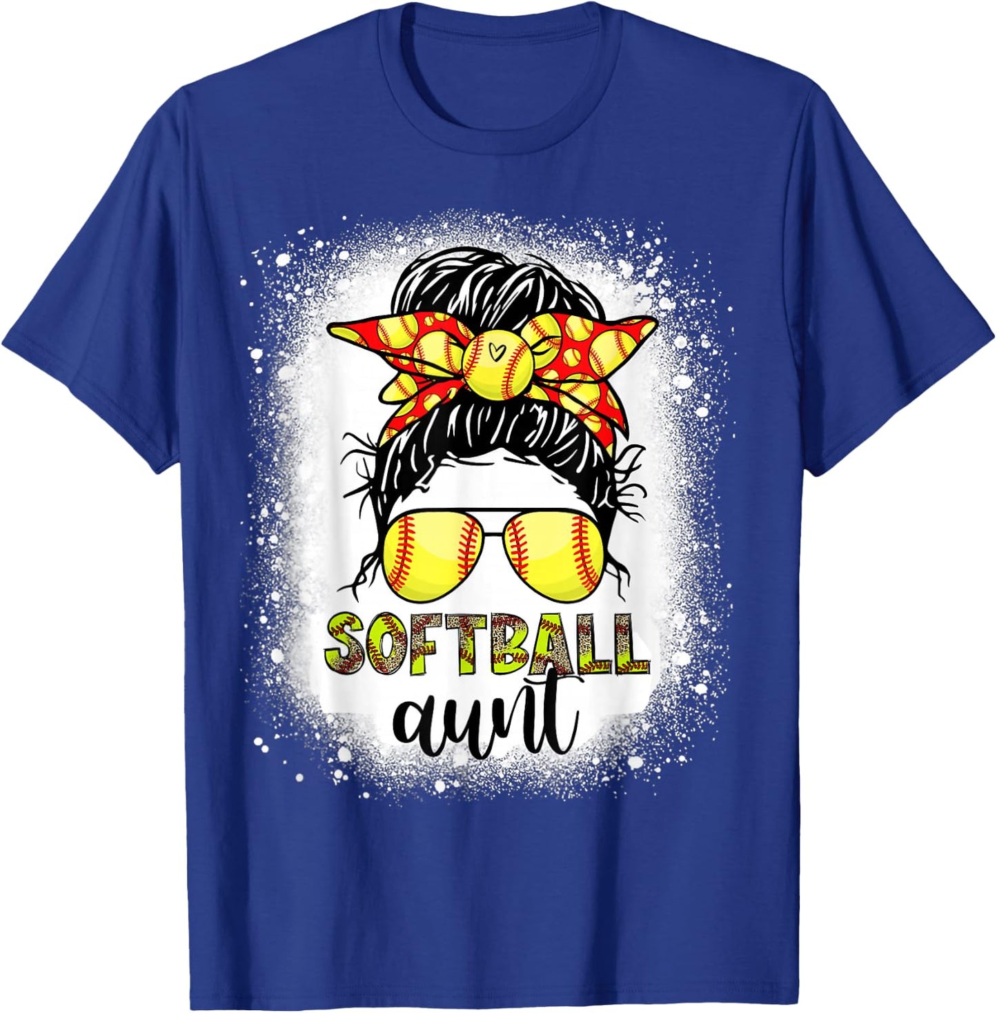 Softball Aunt Messy Bun Leopard Bleached Softball Auntie T-Shirt - T-Shirt | Royal