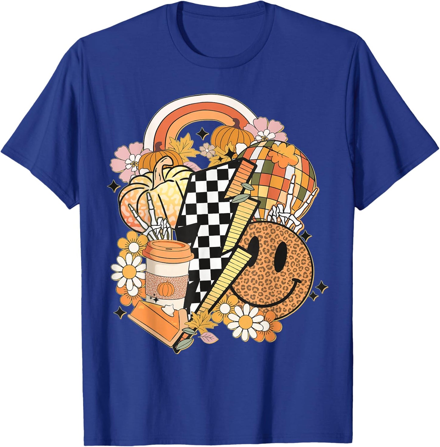 Groovy Fall Vibes Smile Face Autumn Coffee Cup Fall Women T-Shirt - T-Shirt | Royal