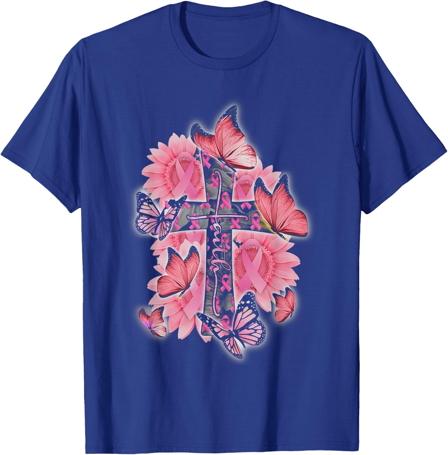 Faith Pink Ribbon Butterflies Breast Cancer Awareness Women T-Shirt - T-Shirt | Royal