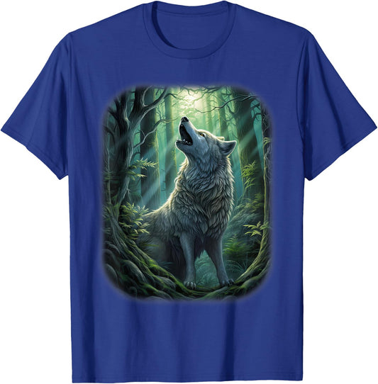 Wolf in the forest howling at the Moon Fantasy Art Wildlife T-Shirt - T-Shirt | Royal