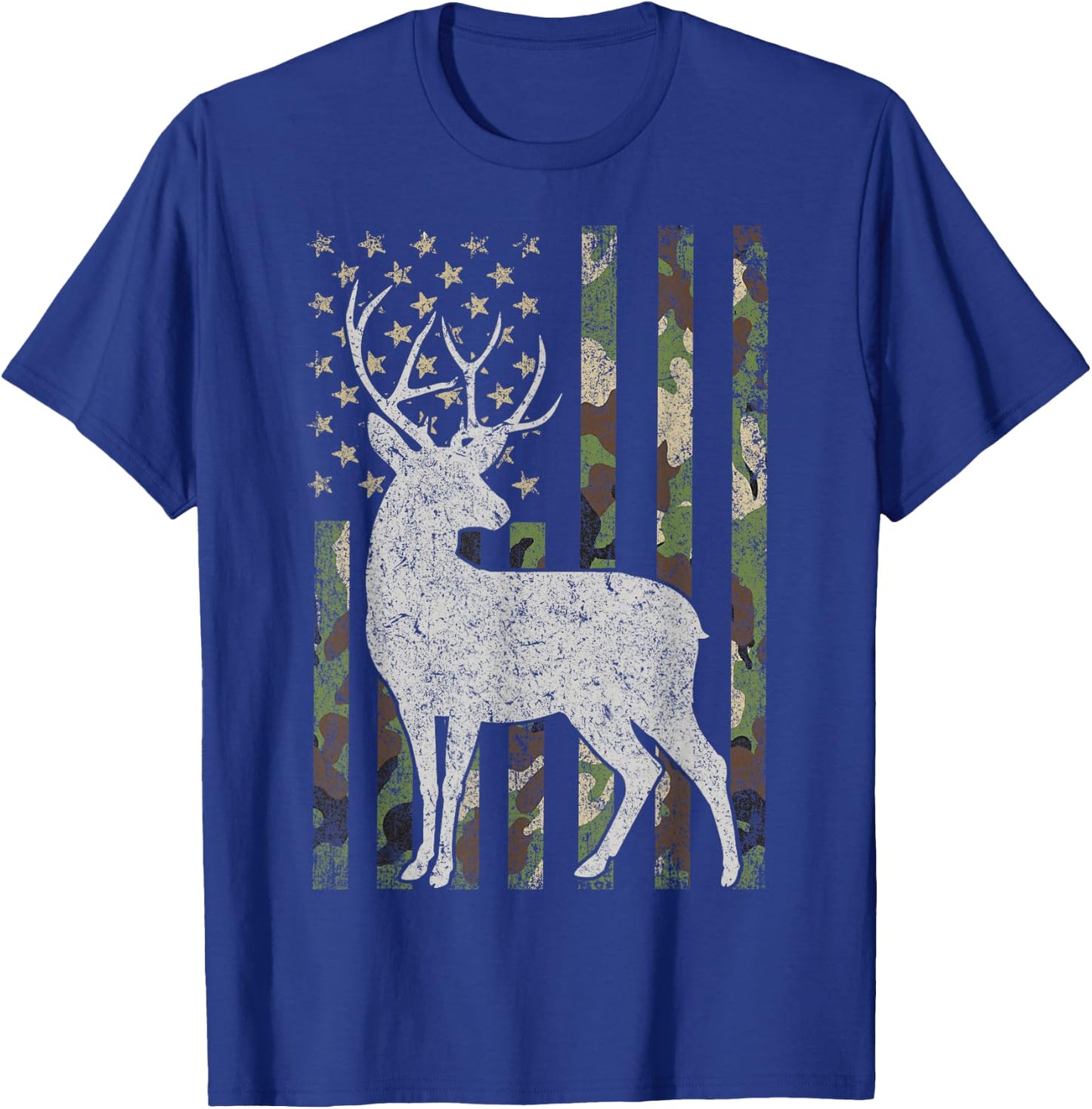Whitetail Buck Deer Hunting Camouflage USA Flag 4th of July T-Shirt - T-Shirt | Royal