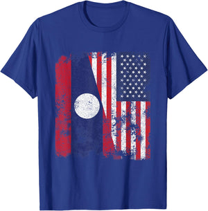 Laos USA Flag Distressed - Half American Women Kids Men T-Shirt - T-Shirt | Royal