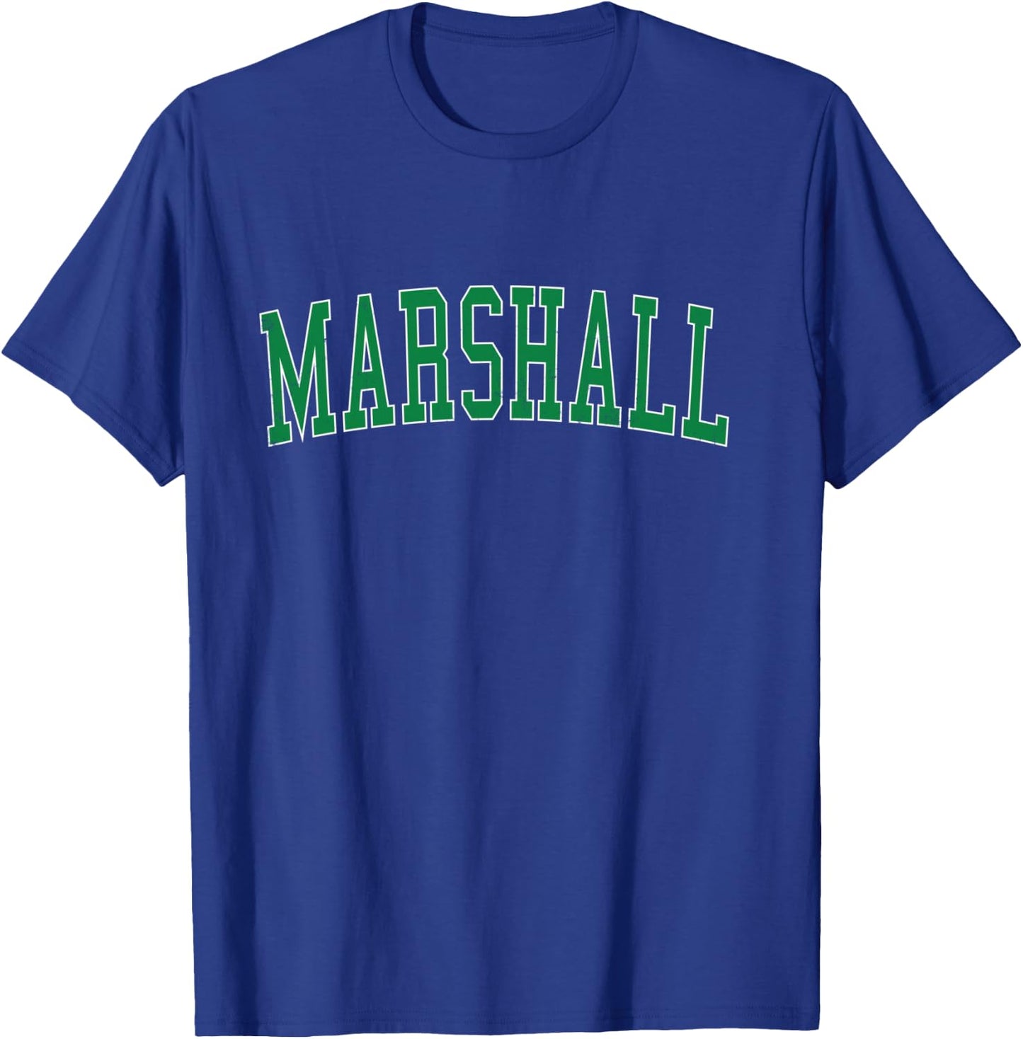 Vintage Marshall TX Distressed Green Varsity Style T-Shirt - T-Shirt | Royal