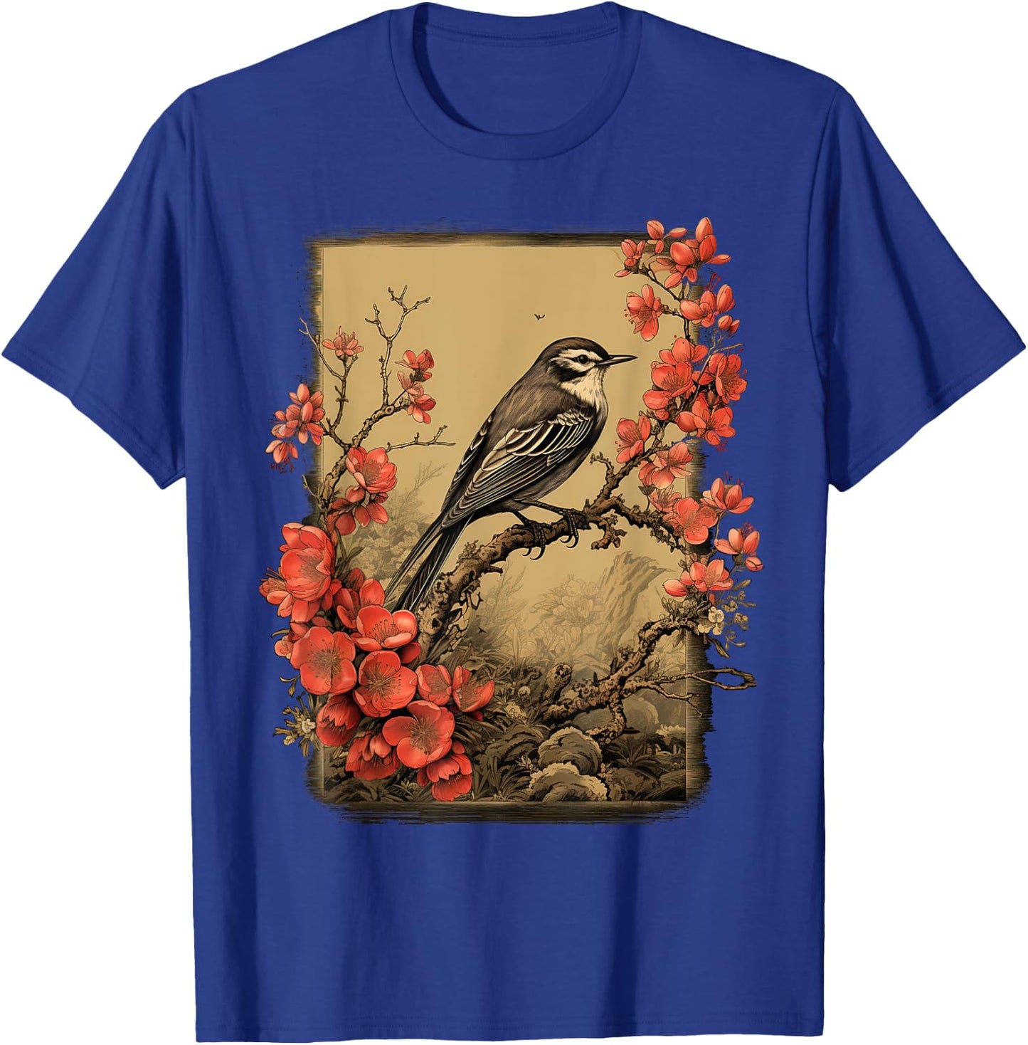 Vintage Bird and Flowers Japanese Art T-Shirt - T-Shirt | Royal