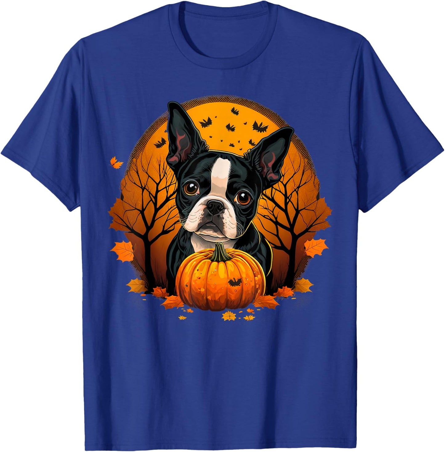 Pumpkin Boston Terrier Costume on Boston Terrier Halloween T-Shirt - T-Shirt | Royal