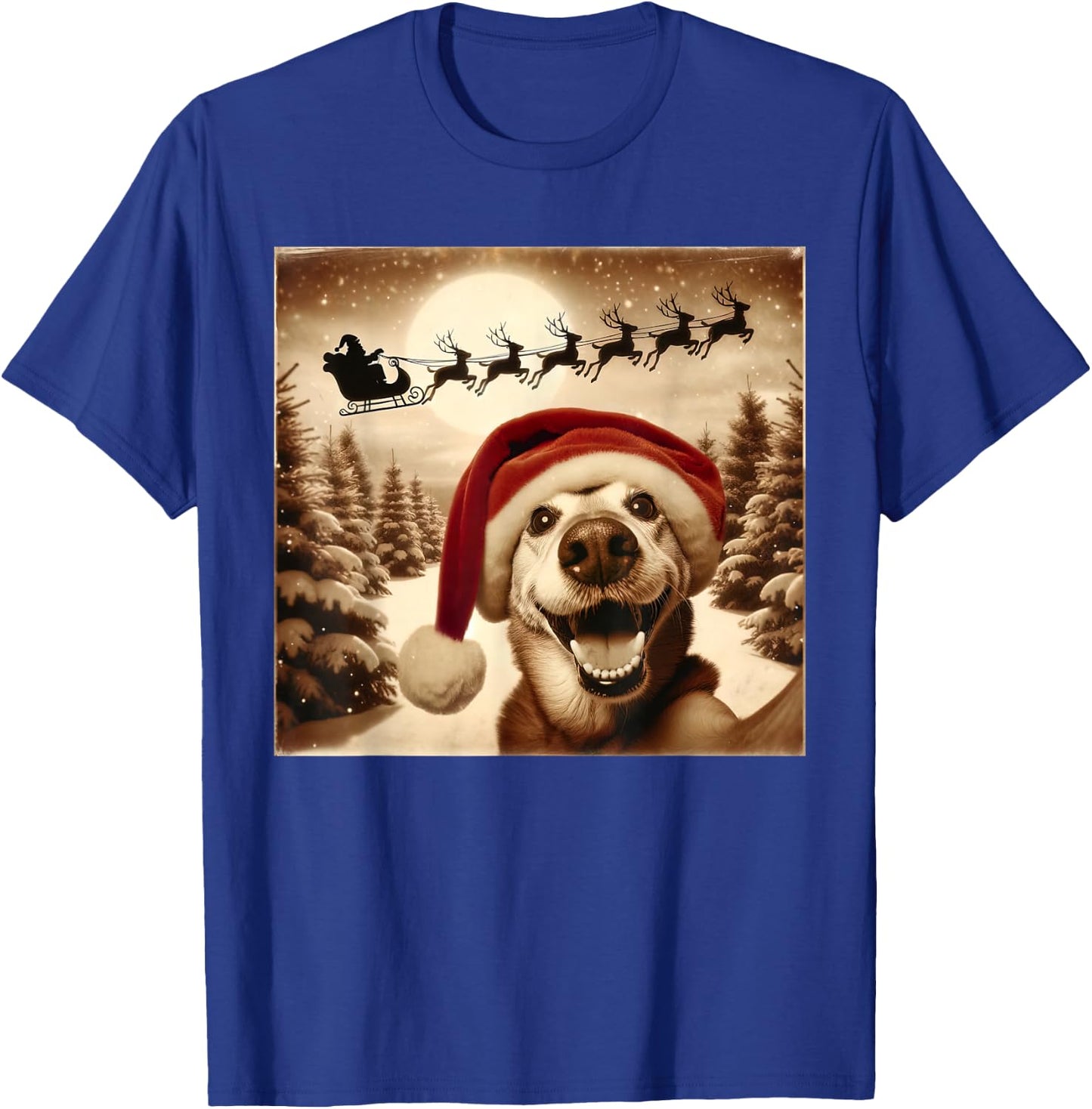 Funny Dog Selfie With Santa's Sleigh Weird dog Christmas Women Girls Kids T-Shirt - T-Shirt | Royal