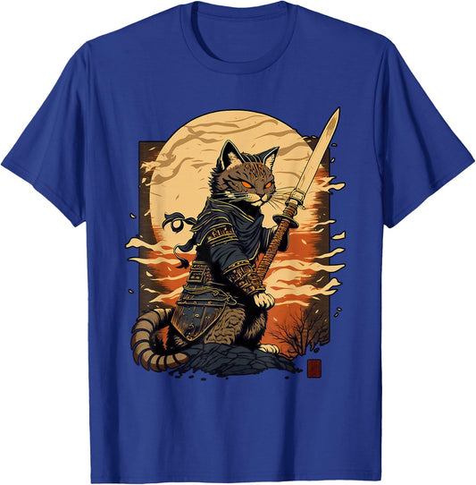 Retro Japanese Warrior Katana Ninja Cat, Samurai Kitten T-Shirt - T-Shirt | Royal