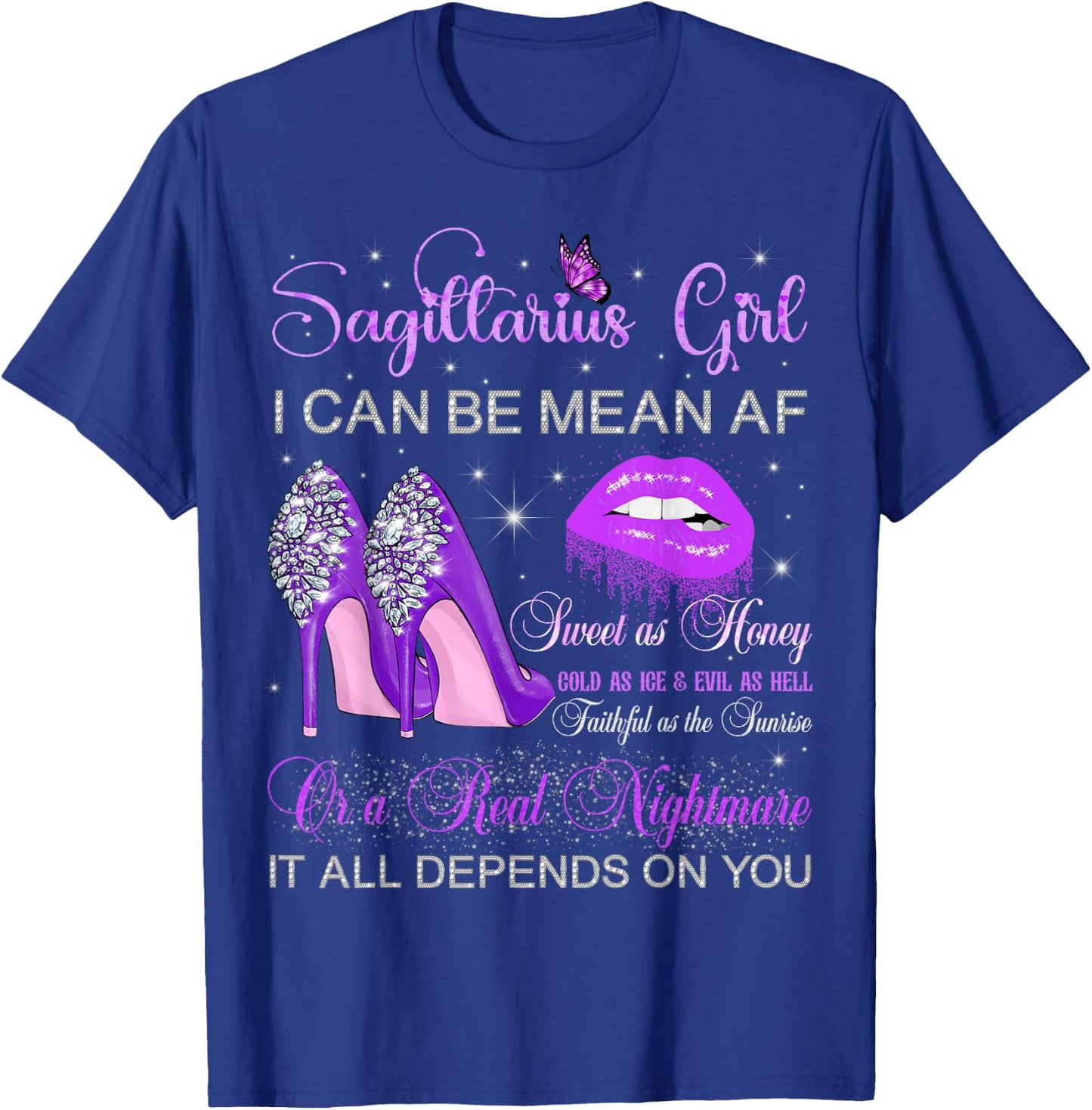 Sagittarius Girl Birthday Purple High Heels Dripping Lips T-Shirt - T-Shirt | Royal