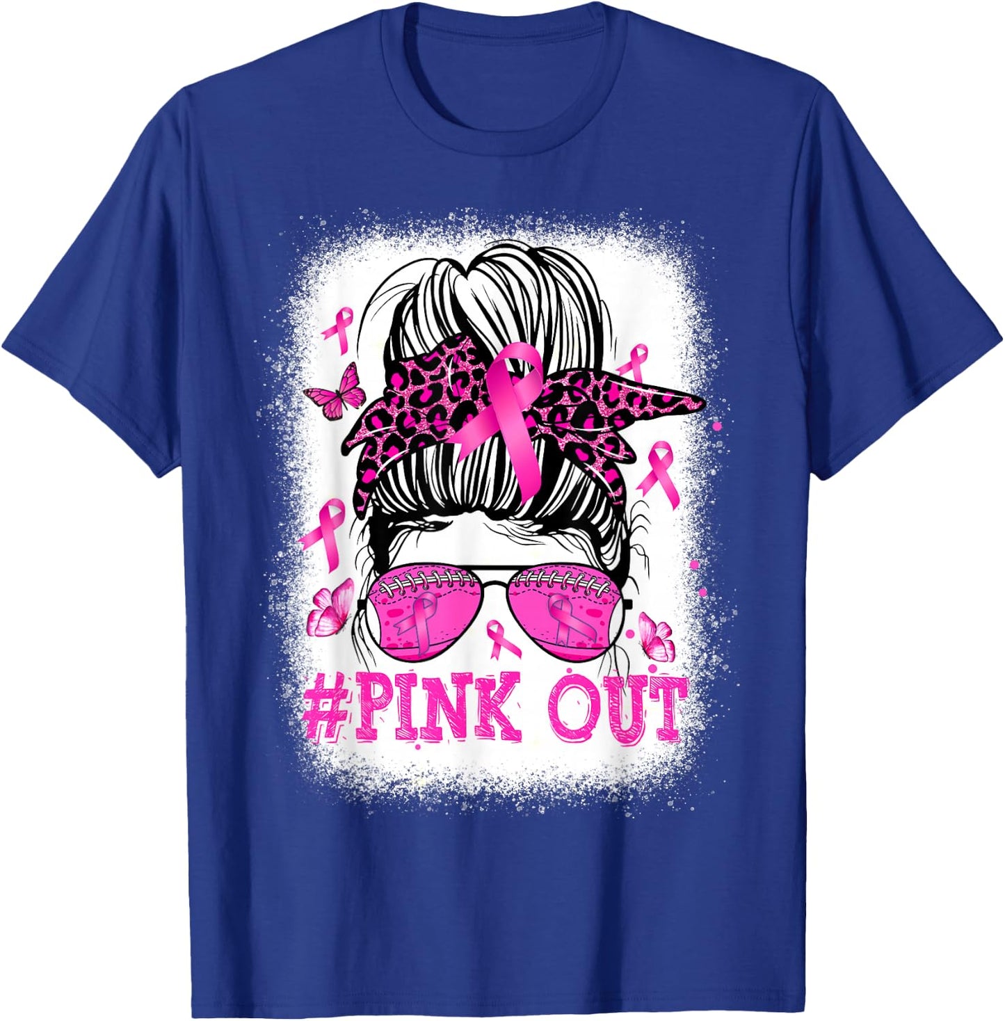 Bleached Pink Out Messy Bun Football Breast Cancer Awareness T-Shirt - T-Shirt | Royal