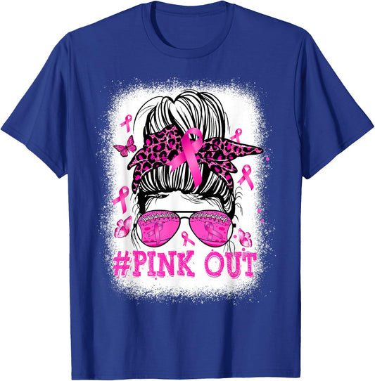 Bleached Pink Out Messy Bun Football Breast Cancer Awareness T-Shirt - T-Shirt | Royal