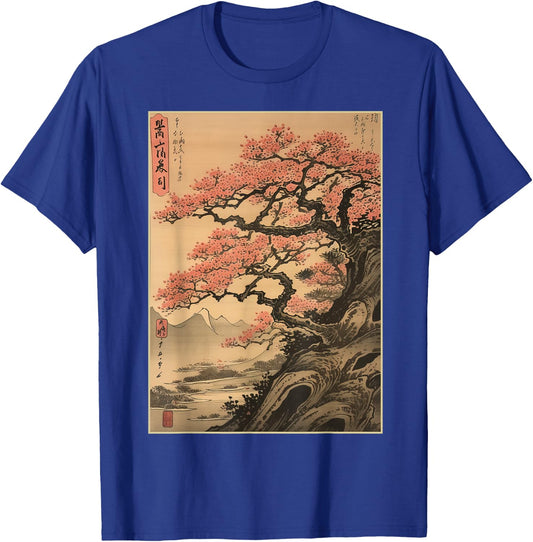 Vintage Cherry Blossom Woodblock Japanese Graphical Art T-Shirt - T-Shirt | Royal