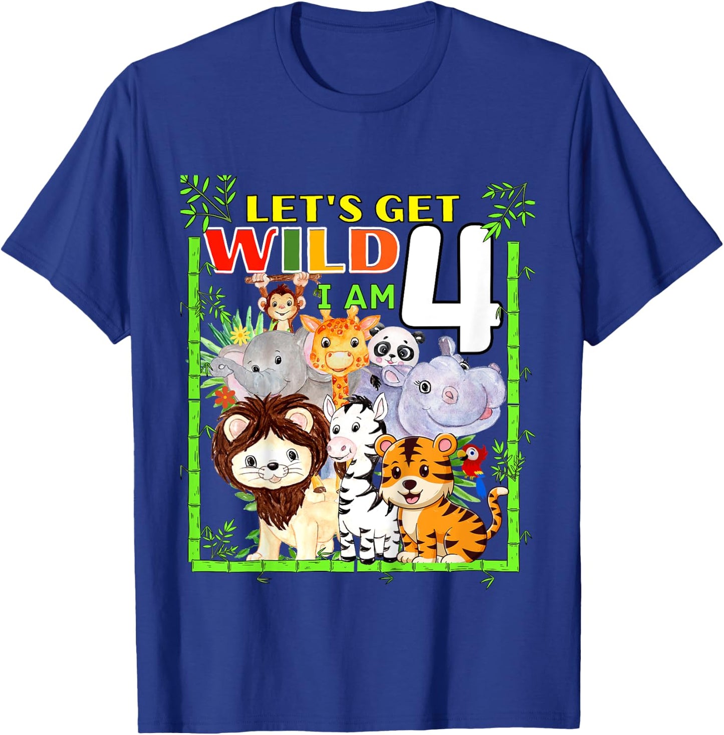 Kids 4 Year Old Zoo Birthday Safari Jungle Animals 4th Birthday T-Shirt - T-Shirt | Royal