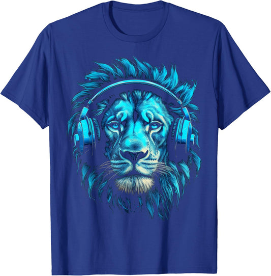 Lion Art Music Animal Headphones Blue Zoo Lion Motif T-Shirt - T-Shirt | Royal