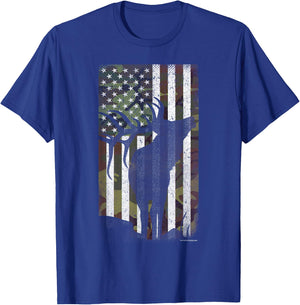 Elk Hunting Bugling Bull Camo US Flag - American Retro T-Shirt - T-Shirt | Royal