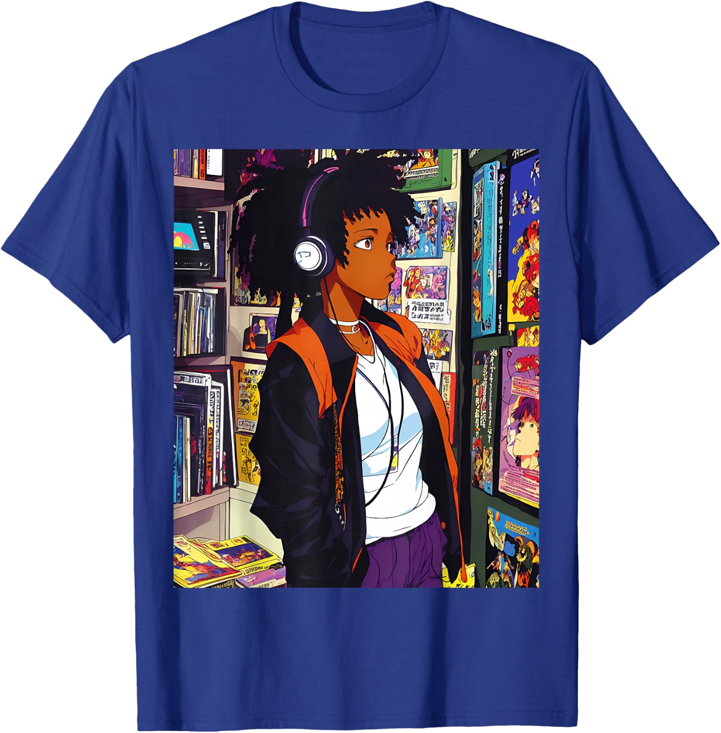 Anime Black Girl Lofi Music 90s Retro Afro Cartoon T-Shirt - T-Shirt | Royal
