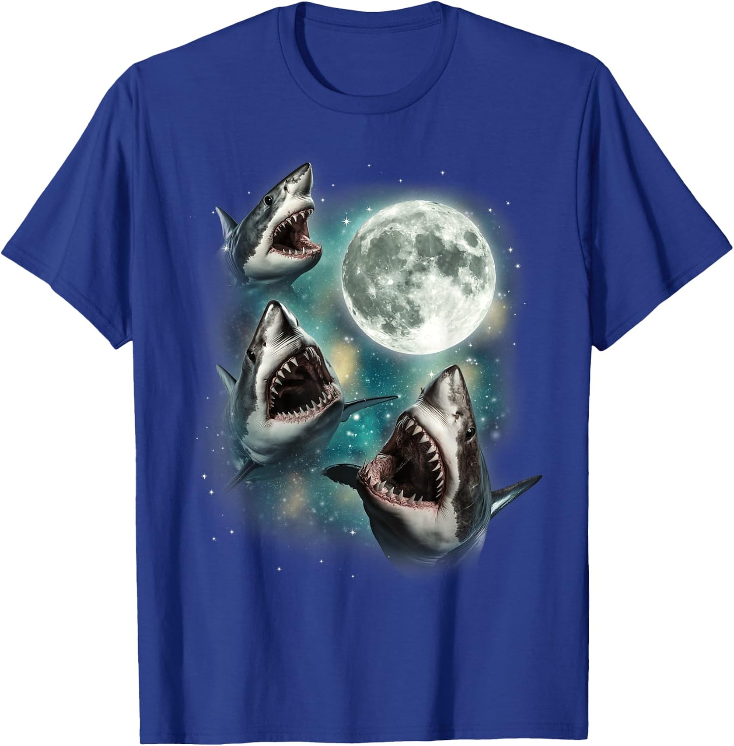 Three Shark Moon | 3 Great Whites Howling Wolfs Moon Parody T-Shirt - T-Shirt | Royal