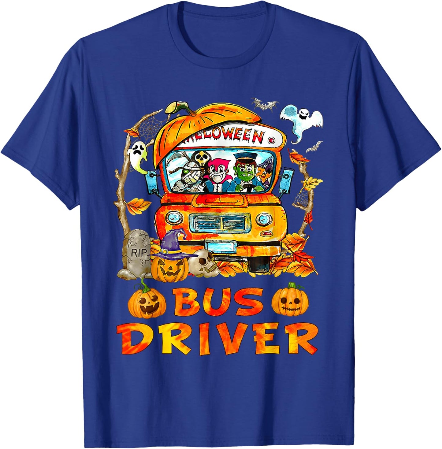 School Bus Driver Pumpkin Season Skeleton Fall Halloween T-Shirt - T-Shirt | Royal