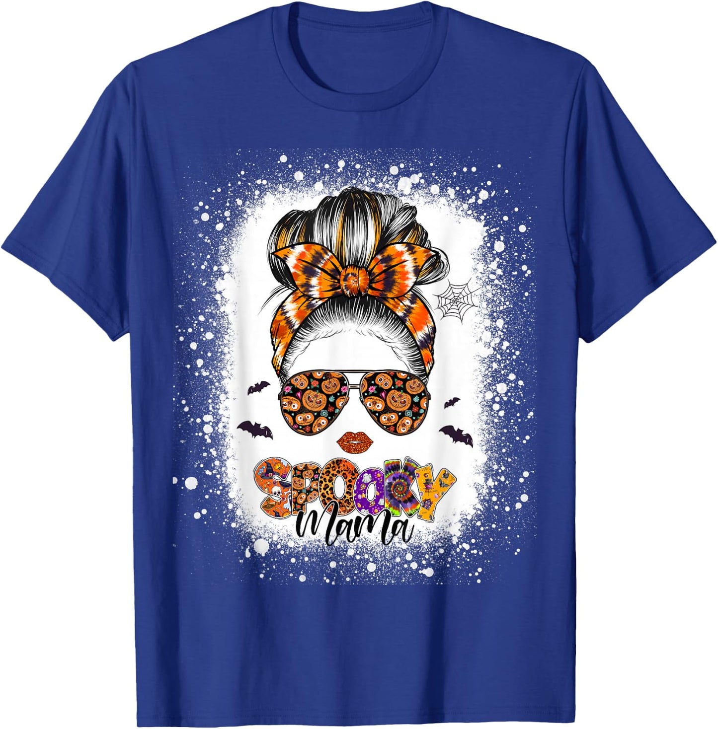 Spooky Mama Halloween Monster Messy Bun Skull Mom Bleached T-Shirt - T-Shirt | Royal