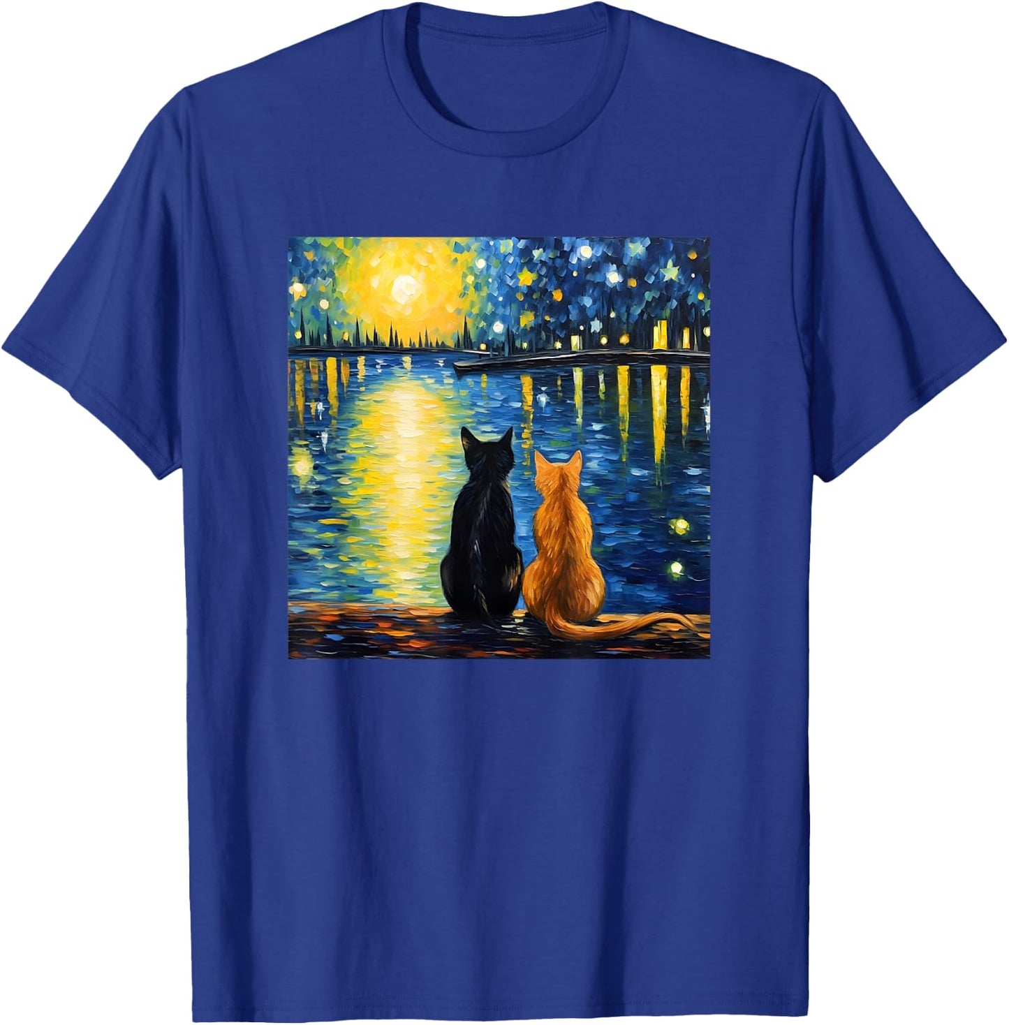 Two Cats Starry Night Lover Cat Art Painting Kitten Van Gogh T-Shirt - T-Shirt | Royal