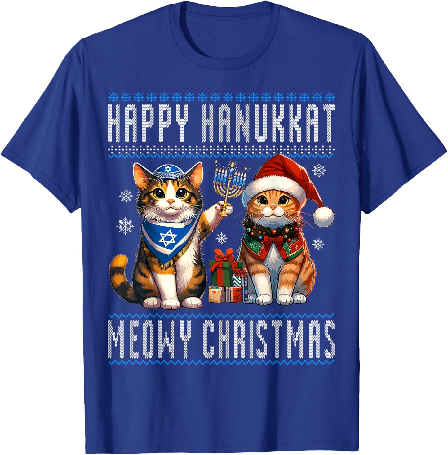 Cat Merry Christmas Happy Hanukkah Jewish Christian Men Women Kids T-Shirt - T-Shirt | Royal