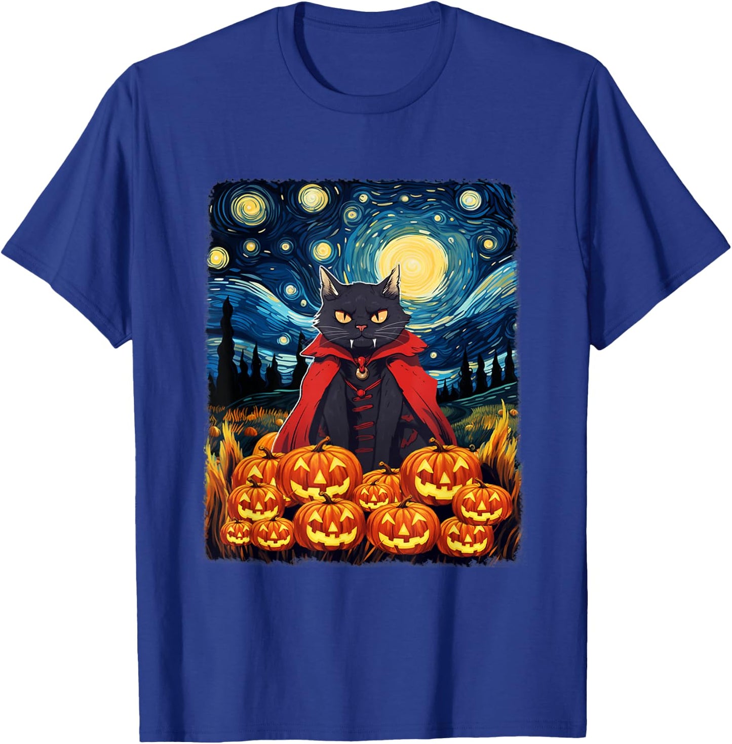 Dracula Cat Starry Night Van Gogh Retro Halloween Cat T-Shirt - T-Shirt | Royal