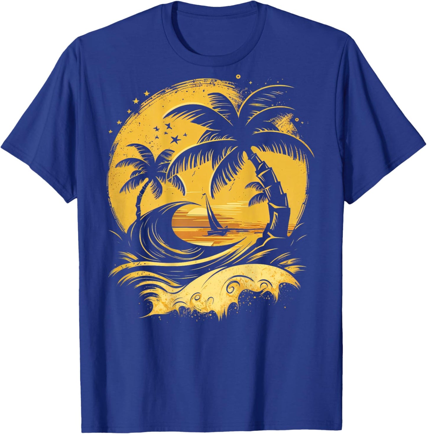 ON Back Tropical Palm Trees Sailboat Beach Island Sunset T-Shirt - T-Shirt | Royal