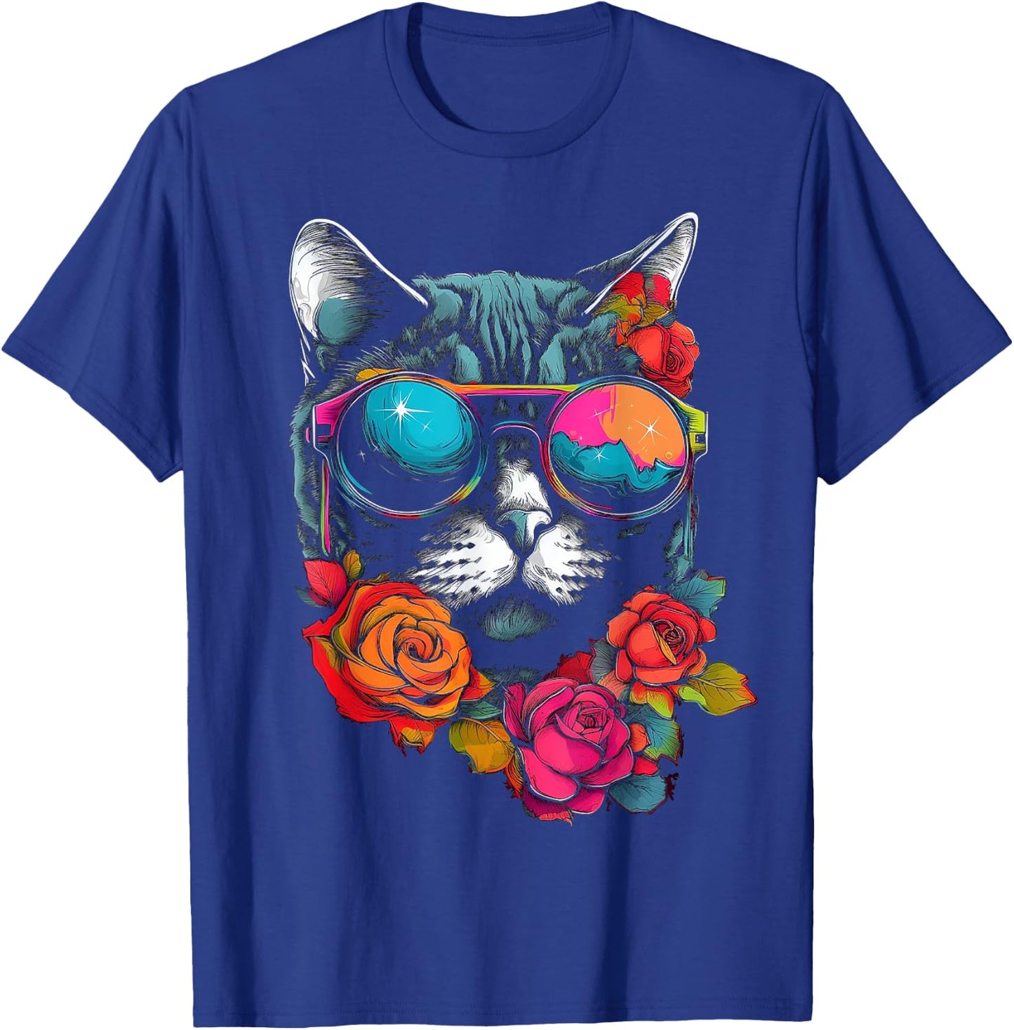 Cat Lover Artwork | Sunglasses Flower Animal Motif Cat T-Shirt - T-Shirt | Royal