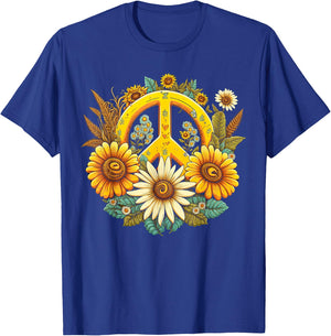 Hippie Daisy Peace Sign Retro Flowers Sunflower Groovy Vibes T-Shirt - T-Shirt | Royal