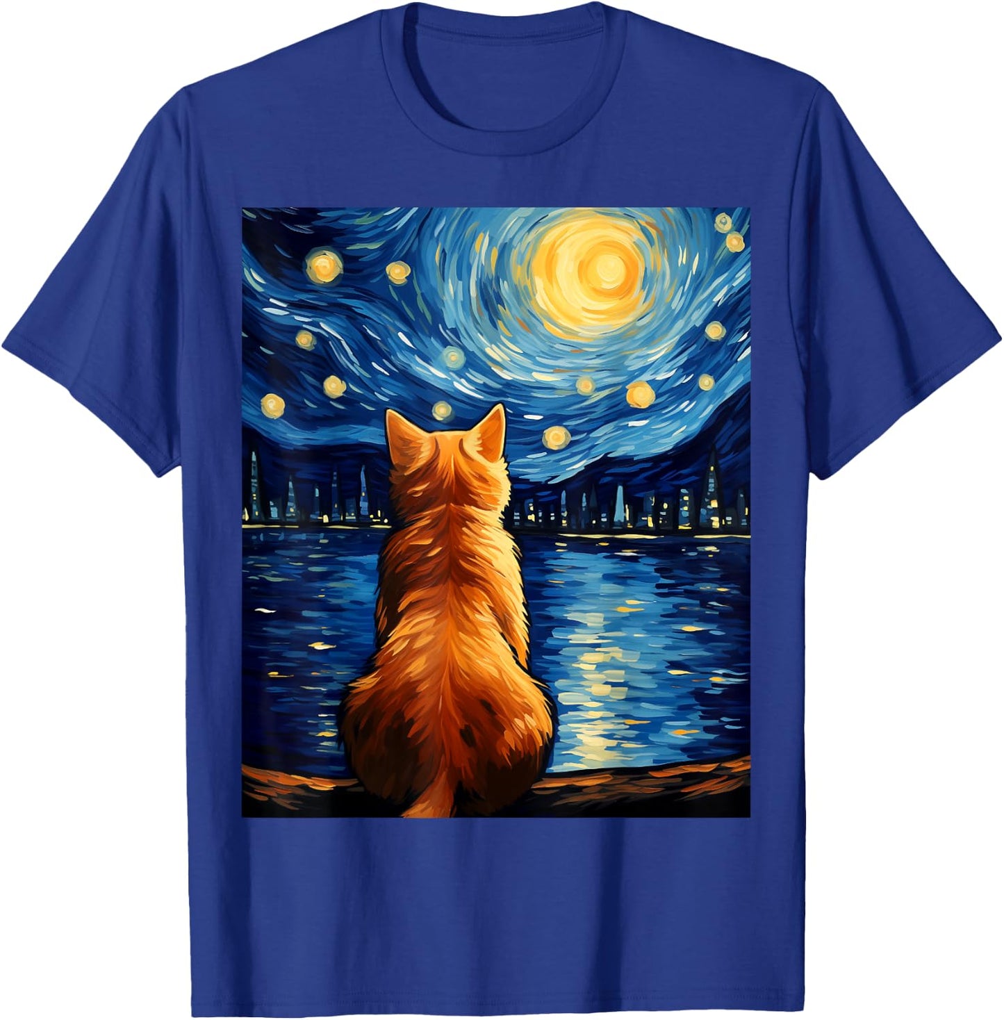 Vincent Van Gogh Starry Night Cat Funny Orange Cat Lover Women Girls Kids T-Shirt - T-Shirt | Royal