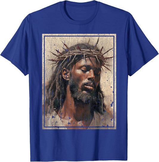 Black Jesus Shirt Face Of Jesus Cross With Crown Of Thorns T-Shirt - T-Shirt | Royal