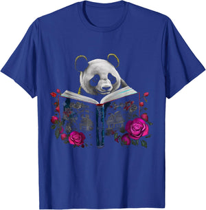 Panda reading a Book - Flowers | Animal Rose Motif Panda T-Shirt - T-Shirt | Royal