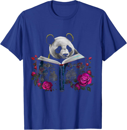 Panda reading a Book - Flowers | Animal Rose Motif Panda T-Shirt - T-Shirt | Royal