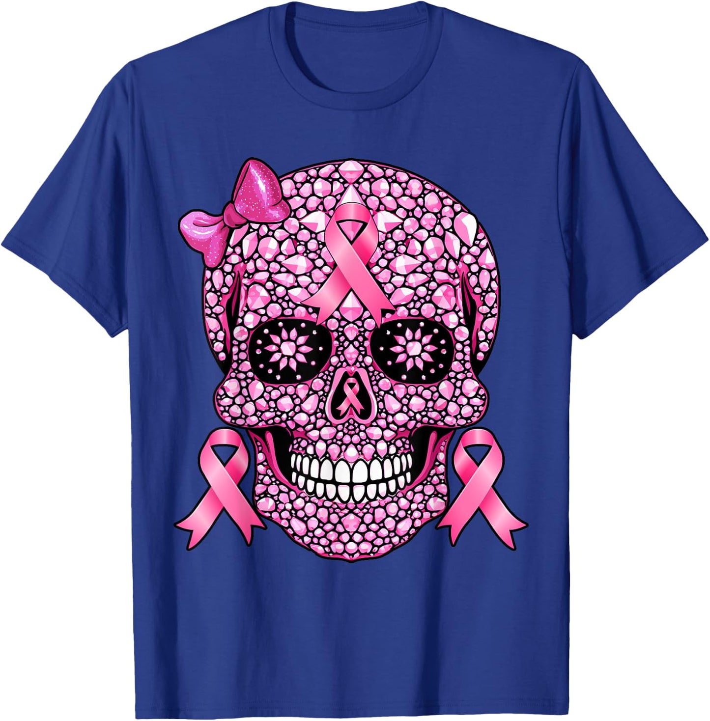 Sugar Skull Pink Ribbon Breast Cancer Awareness Girls Women T-Shirt - T-Shirt | Royal