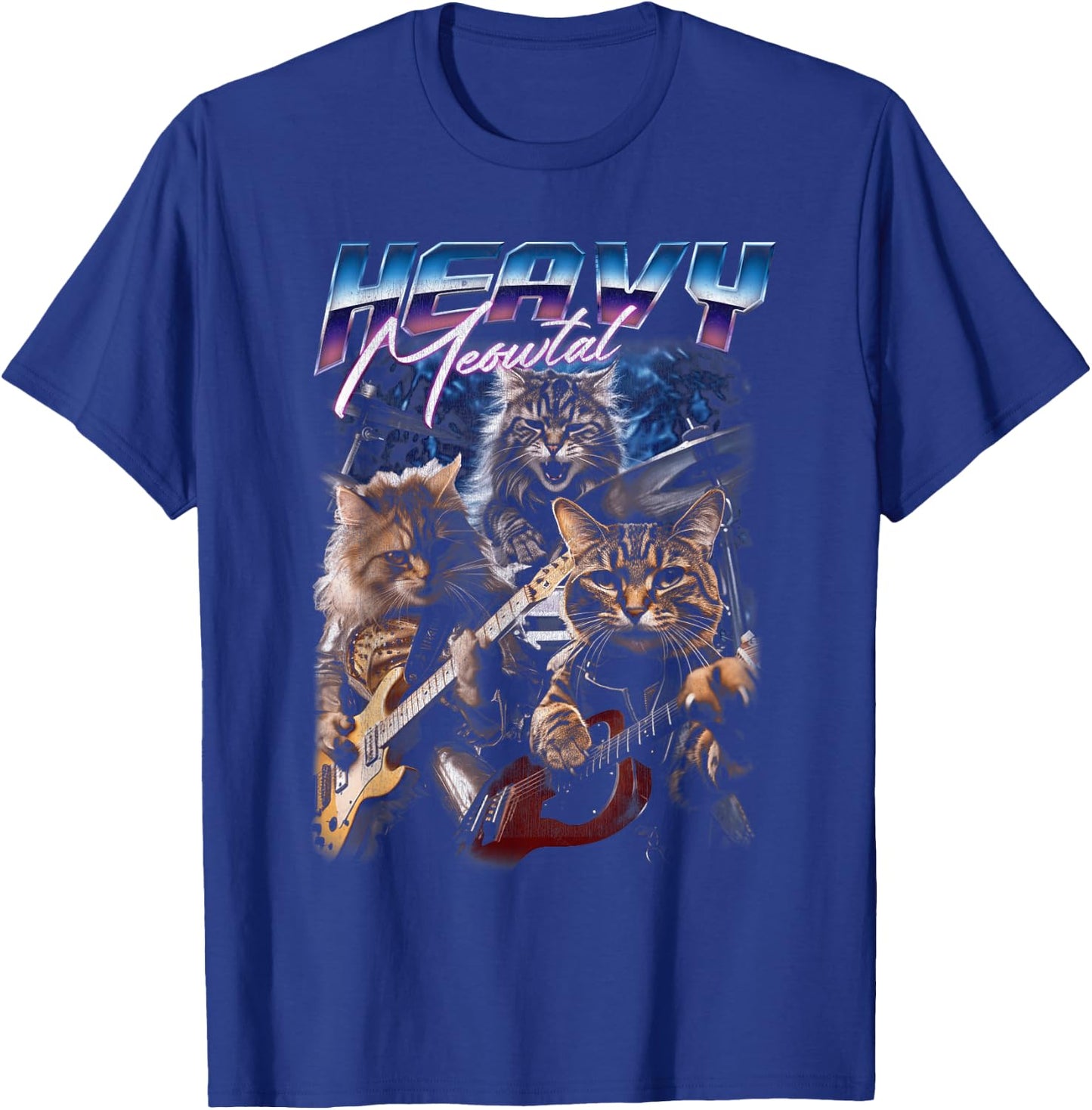 Heavy Meowtal Distressed Rock Cat Playing Guitar Music Bands T-Shirt - T-Shirt | Royal