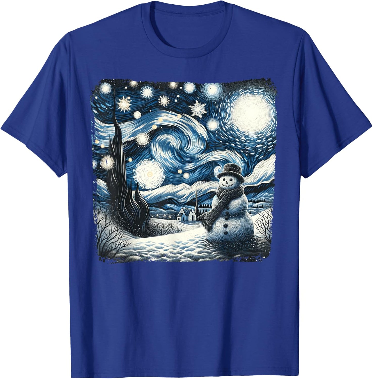 Van Gogh Starry Night Christmas Snowman Winter Snowy Night T-Shirt - T-Shirt | Royal