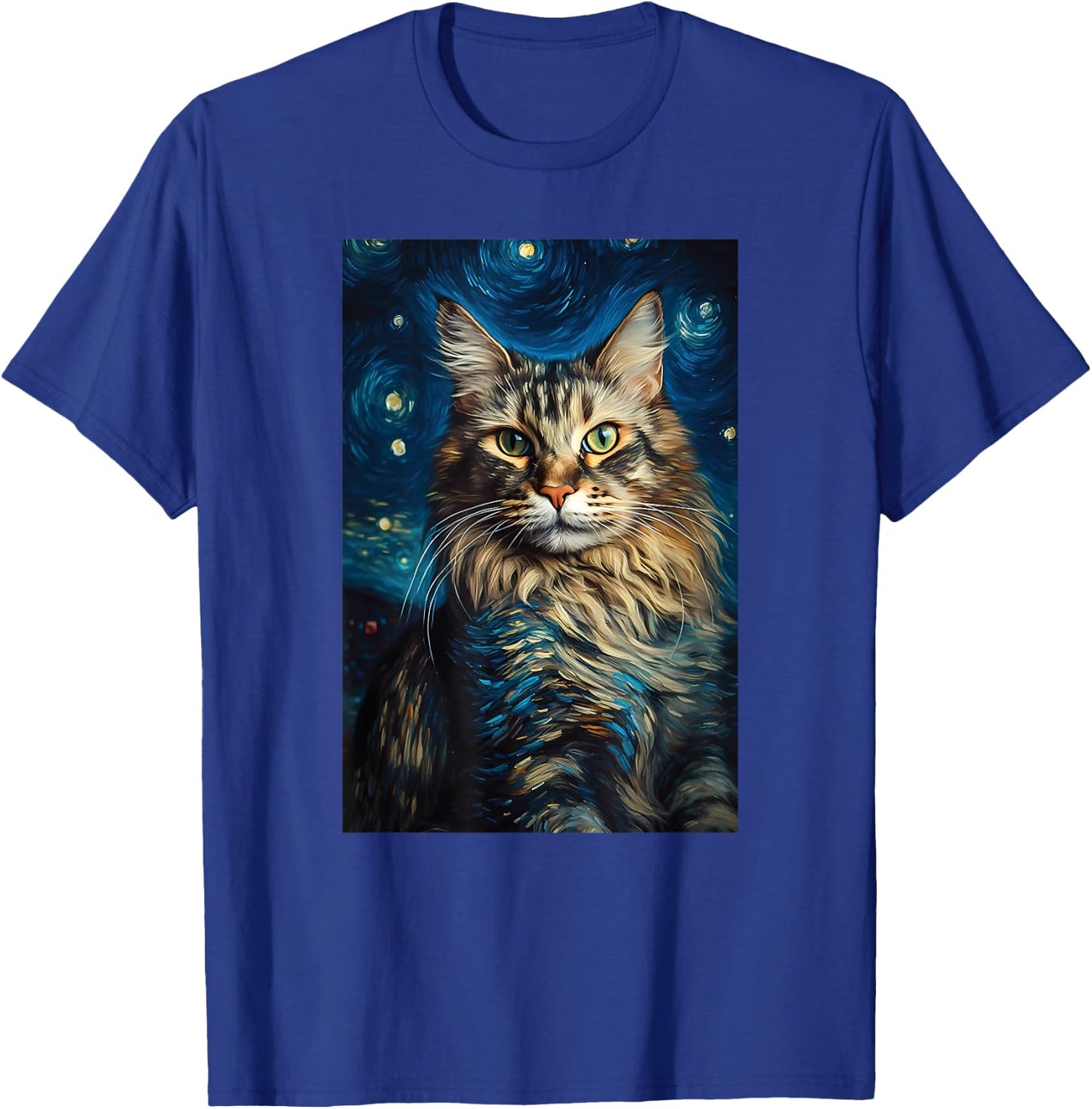 Maine Coon cat painting kitten Van Gogh art Starry Night sky Men Women Kids T-Shirt - T-Shirt | Royal